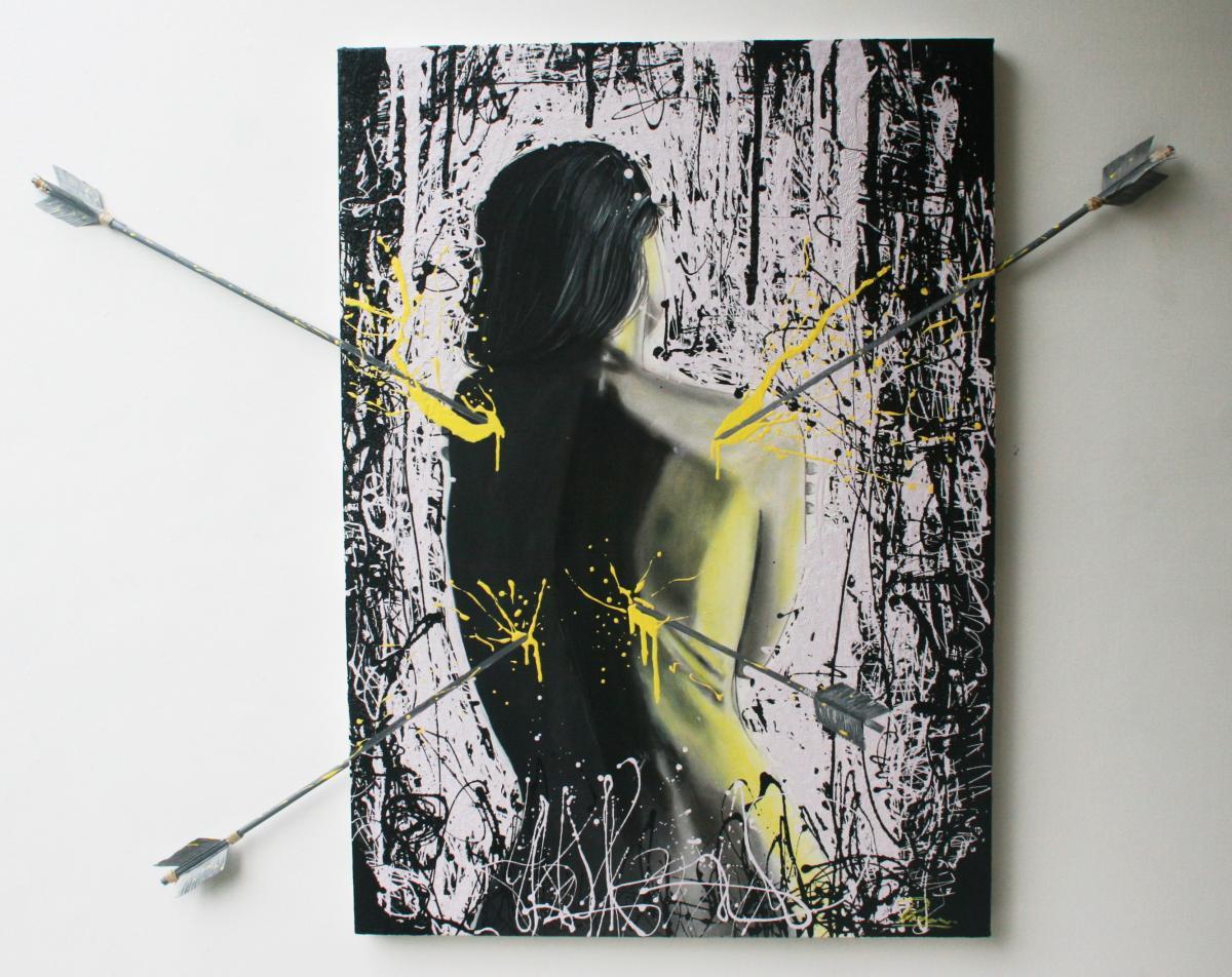'Poised' - 31x43 in. |  Mixed media on canvas. |  Assemblage : Wood, Paper, Thread.