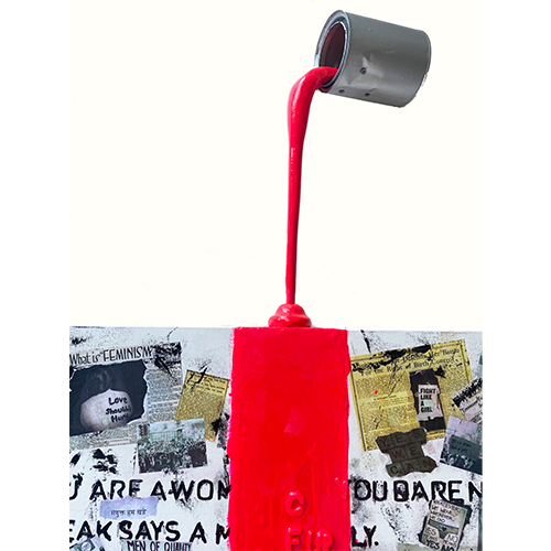 ' I'm woman ' -  Assemblage: wood, aluminium, clay. | paint can with drip standing tall at 17 1/2 in.