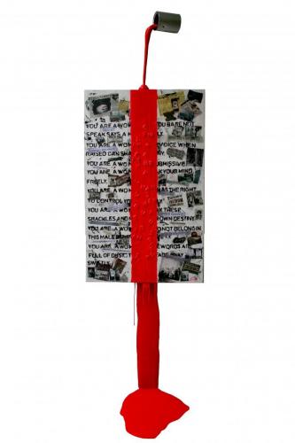 ' I'm a Woman ' -  90x27 in. |  Assemblage: wood, aluminium, wire, clay.